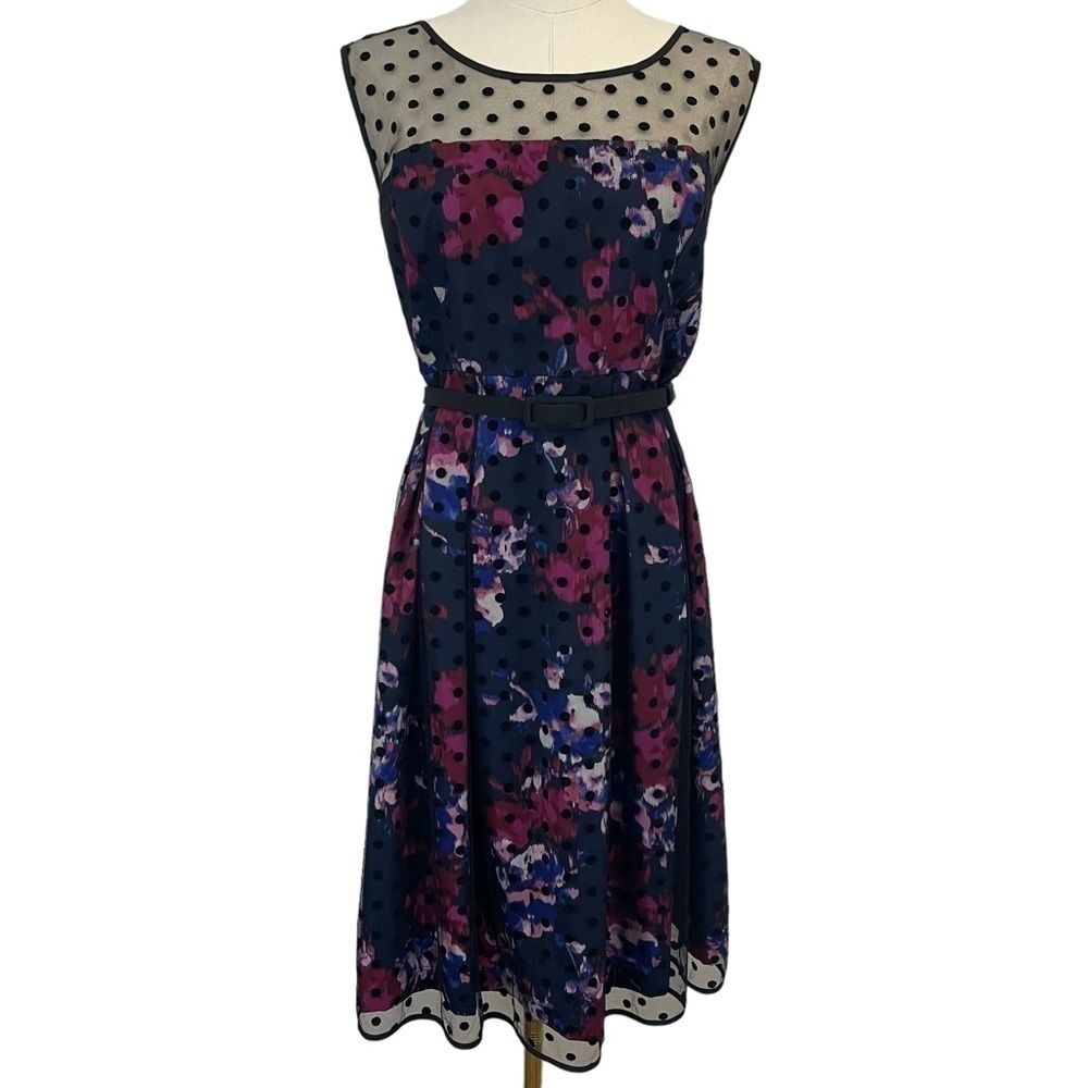 Motherhood Maternity Floral Dress Sz L Navy Blue Pink Sleeveless Knee Length EUC